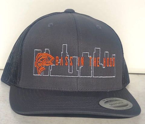Snap Back Cap  with Bass in the Hood logo  (grey/orange), mesh back